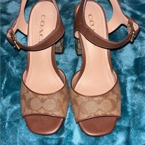 Coach Brown Sandals with Monogram Pattern and Ankle Strap